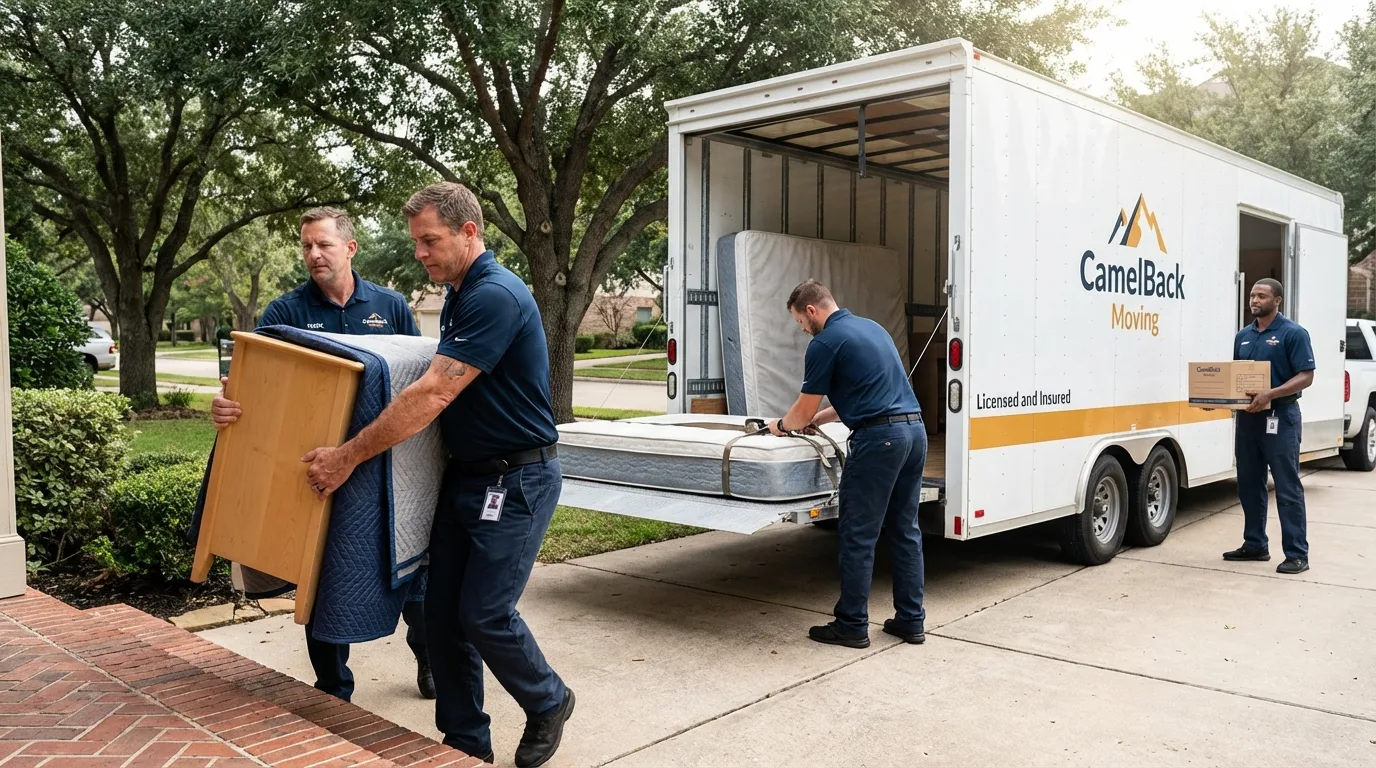 Crew loading residential truck for cross-state move from Apple Valley, CA