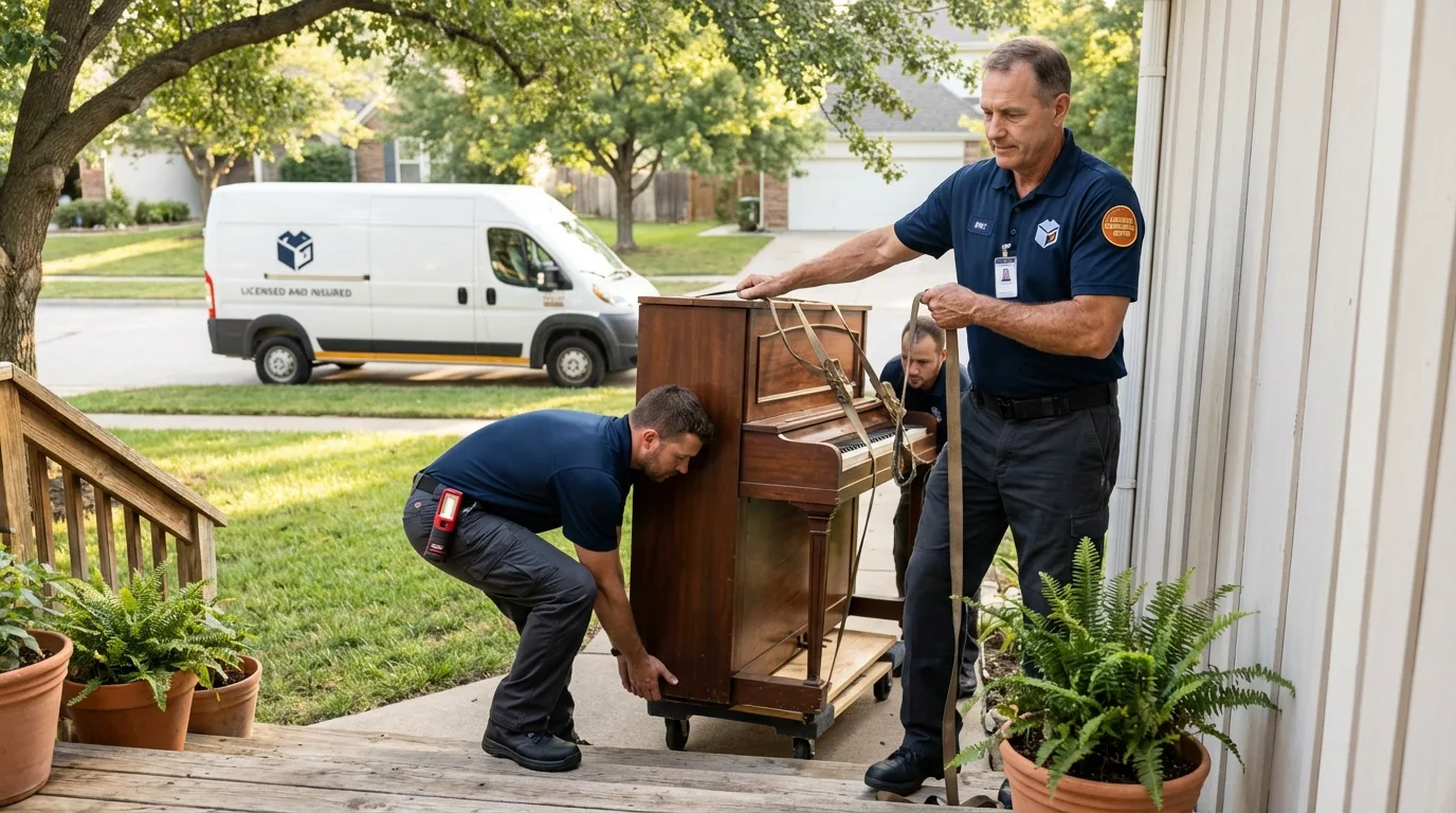 Licensed piano movers securing grand piano in Apple Valley, CA