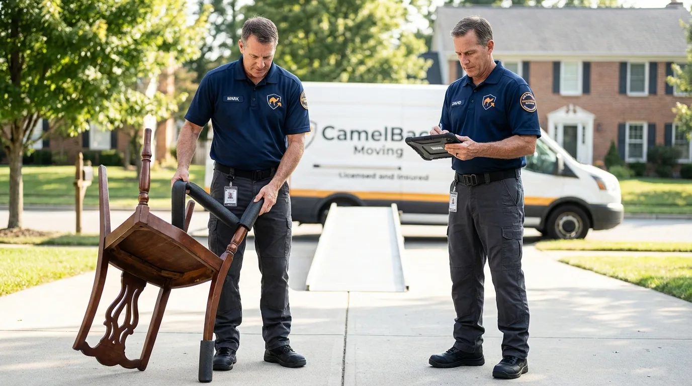 Movers inspecting furniture for damage prevention before loading in Apple Valley, CA