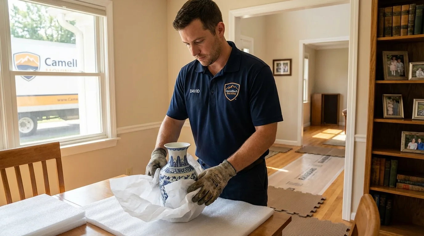 Professional crew carefully wrapping antique vase for senior downsizing move in Apple Valley, CA